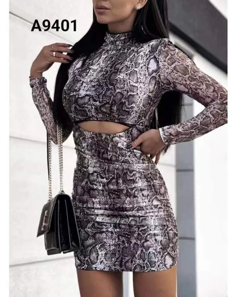 Velvet Snakeskin Print Mock Neck Dress - Image 3