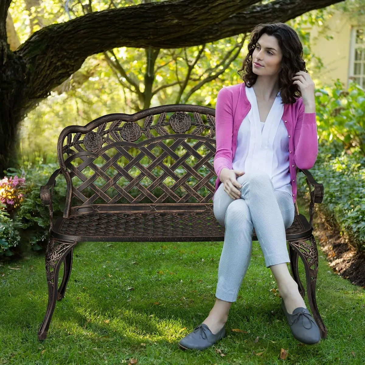 Garden Bench 2 Seater Roses Terrace Balcony Cast - Image 2