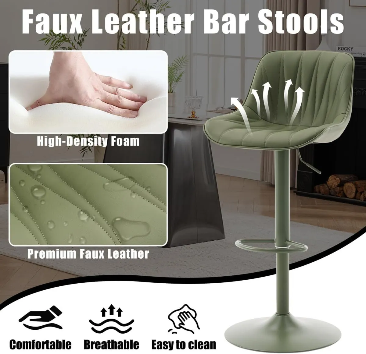 Bar Stools Set of 2 Modern Upholstered Faux - Image 3