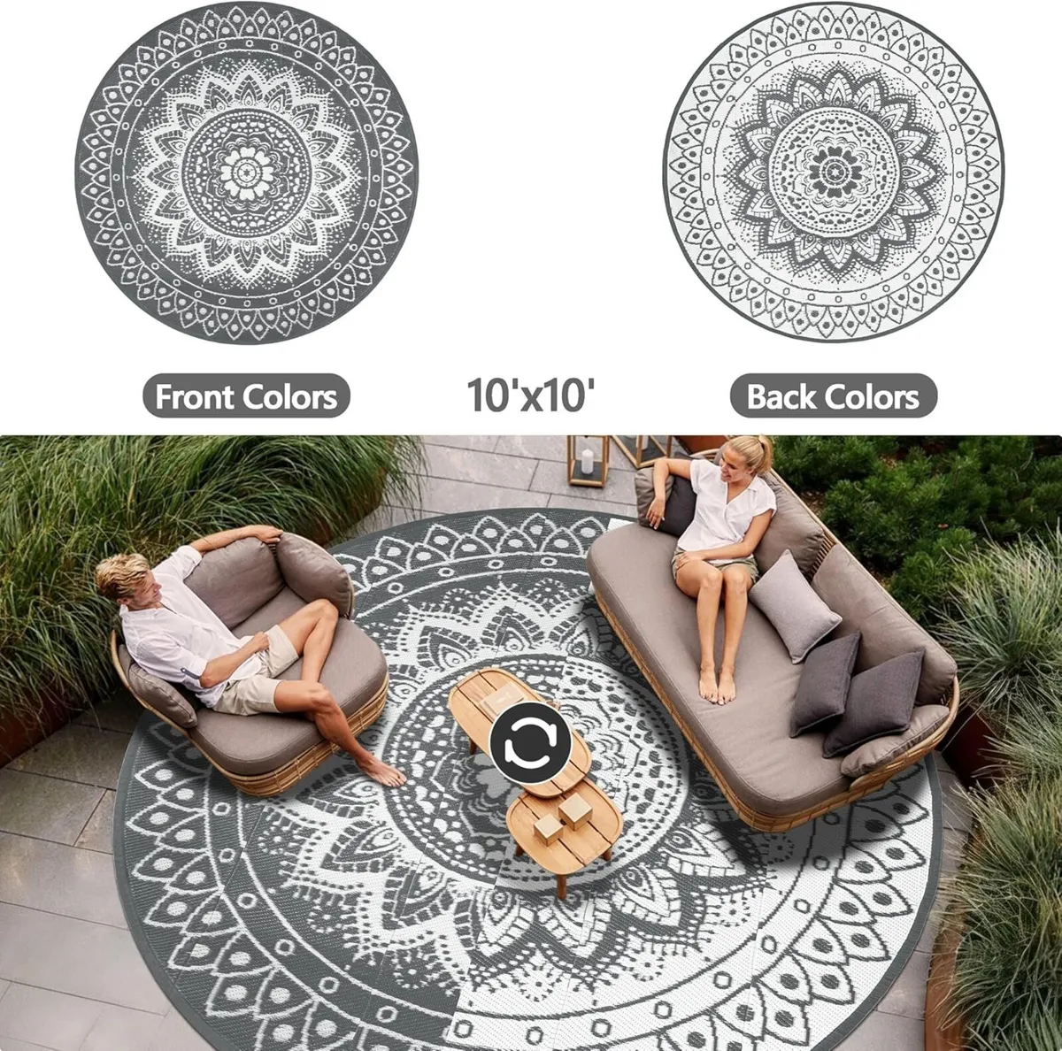 Round Outdoor Rug for Patio 300cm Reversible - Image 2