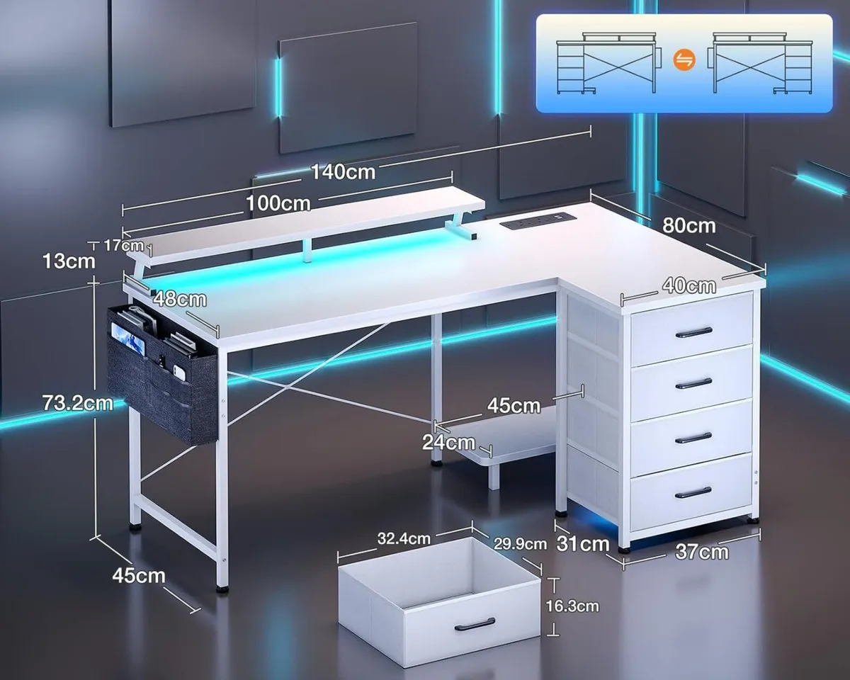 L Shaped Gaming Desk with LED Lights Power - Image 3