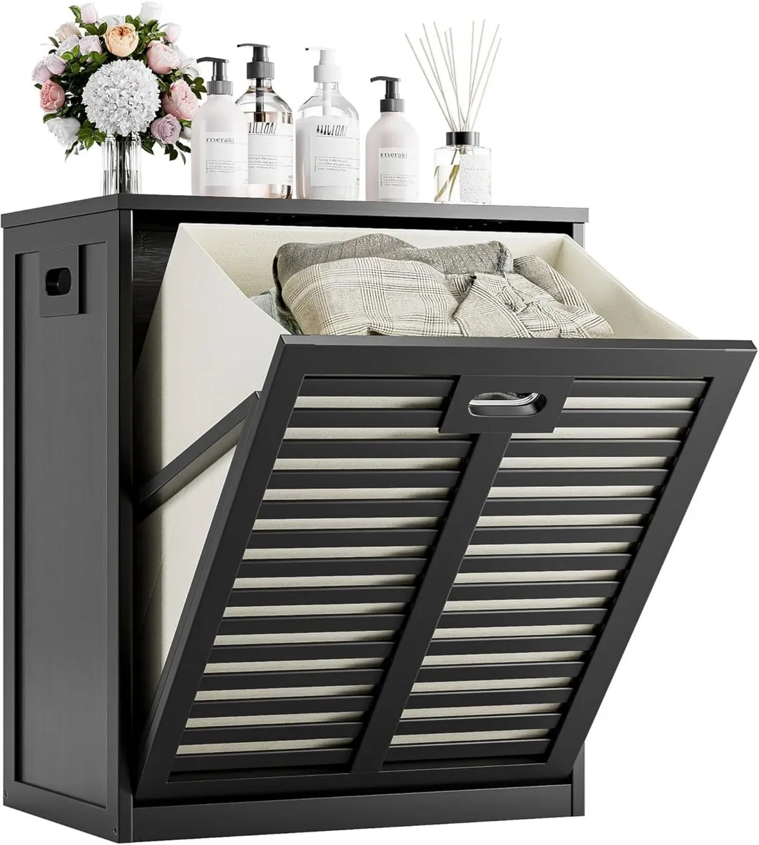 Tilt Out Laundry Hamper Bamboo Cabinet with Pull - Image 1