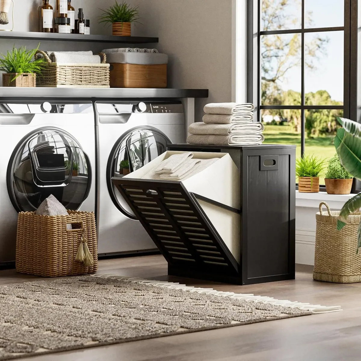 Tilt Out Laundry Hamper Bamboo Cabinet with Pull - Image 2