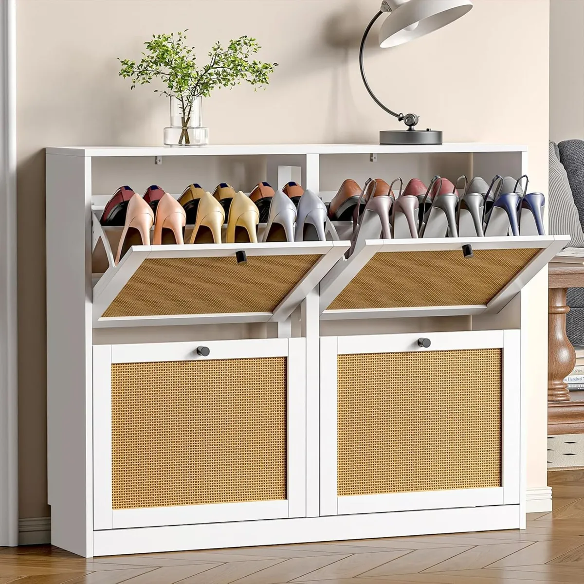Rattan Shoe Storage Cabinet with 4 Flip Drawers - Image 1