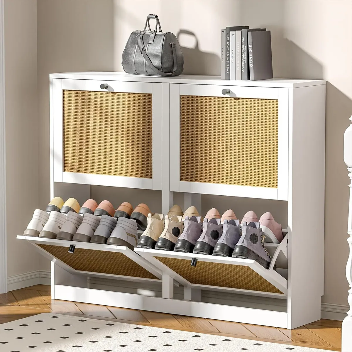 Rattan Shoe Storage Cabinet with 4 Flip Drawers - Image 4