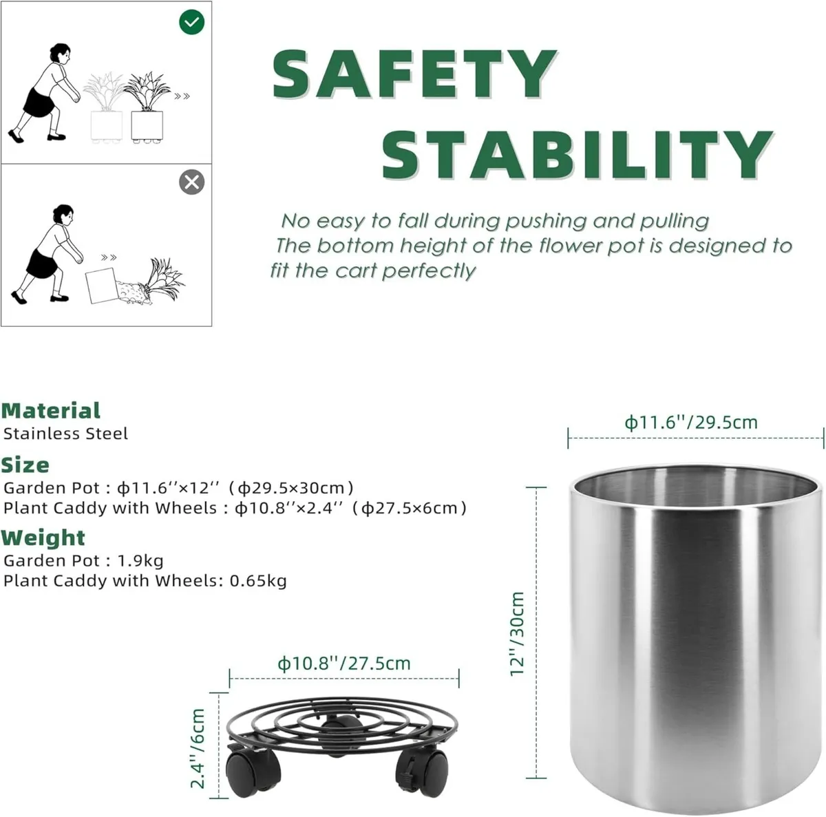 30cm Pots for Plants Stainless Steel Round Rim - Image 2