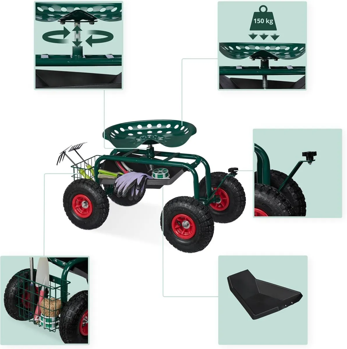 Wheeled Garden Seat Height-Adjustable 150 kg - Image 4
