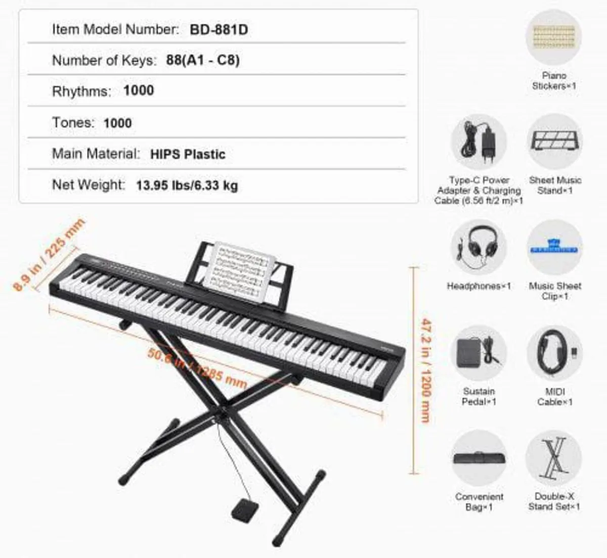 88 Key Digital Piano Keyboard, Semi Weighted Keys, - Image 4