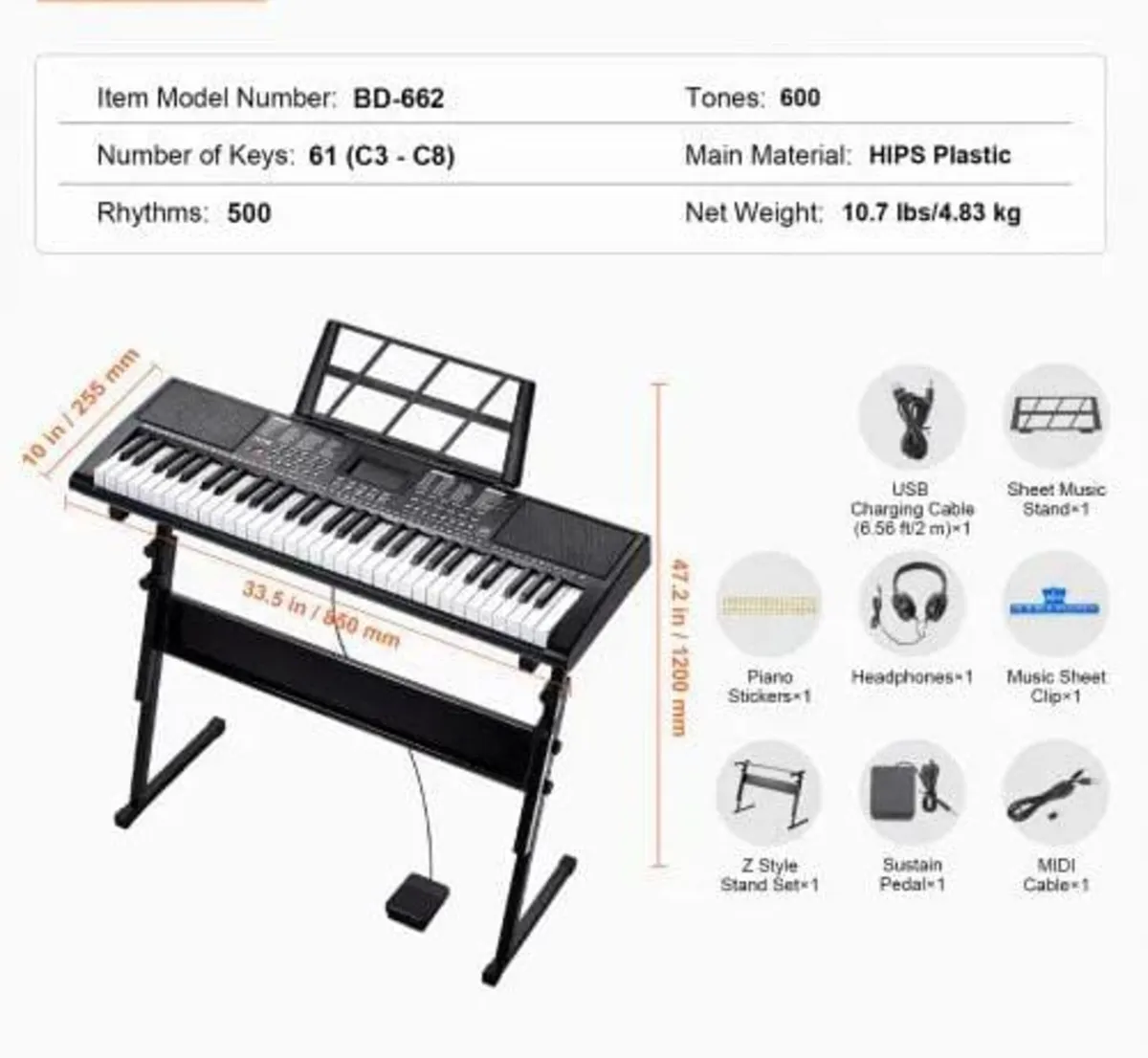 61 Key Digital Keyboard Piano, Lighted Keys, Elect - Image 4