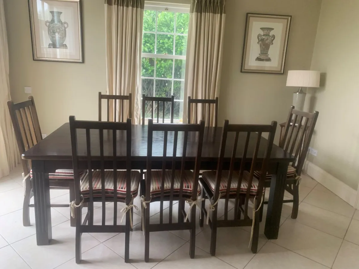 Bespoke solid stained oak kitchen table and chairs - Image 1