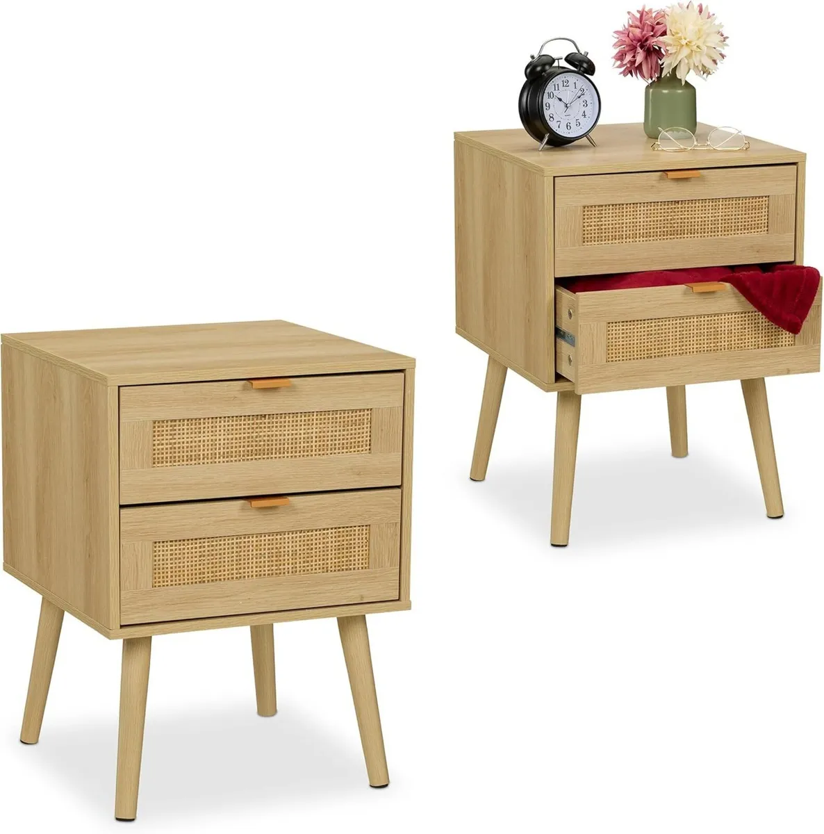 Bedside Table Doppel-Pack with Rattan Drawers - Image 1