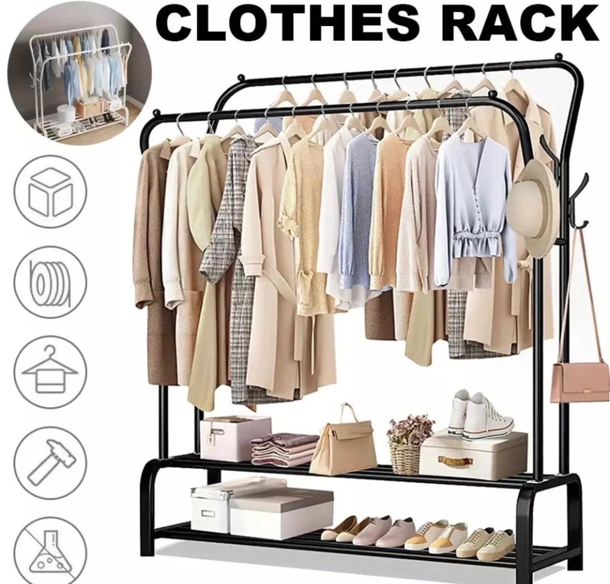 NEW Double Rail Clothes Garment Rack & Shelves - Image 1