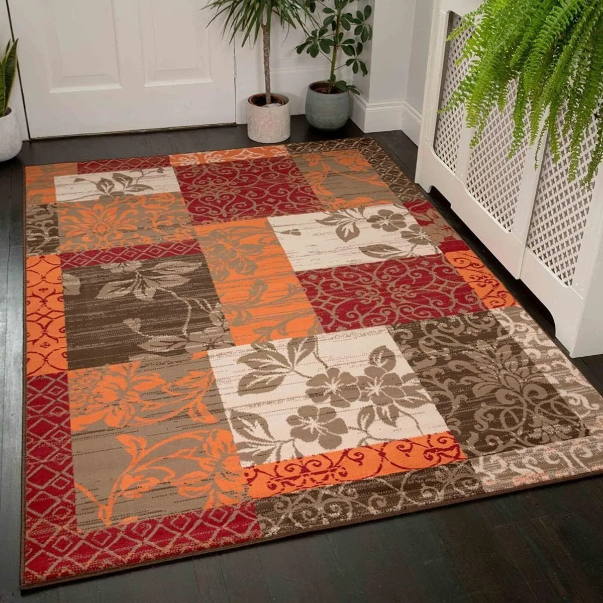 Traditional Red Orange Brown Floral Patchwork Rug