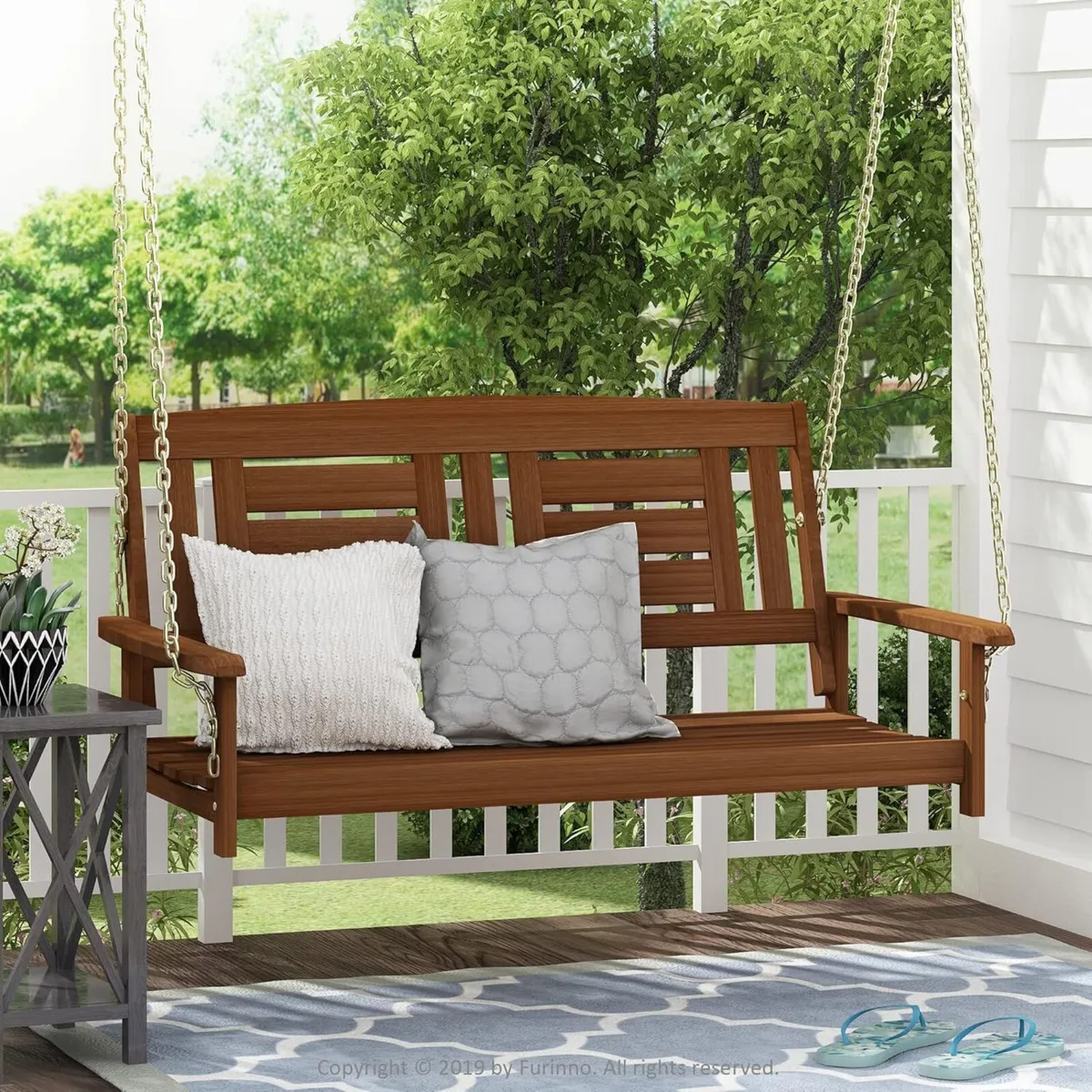 TIOMAN Porch Swing Outdoor Hanging Wooden with - Image 2