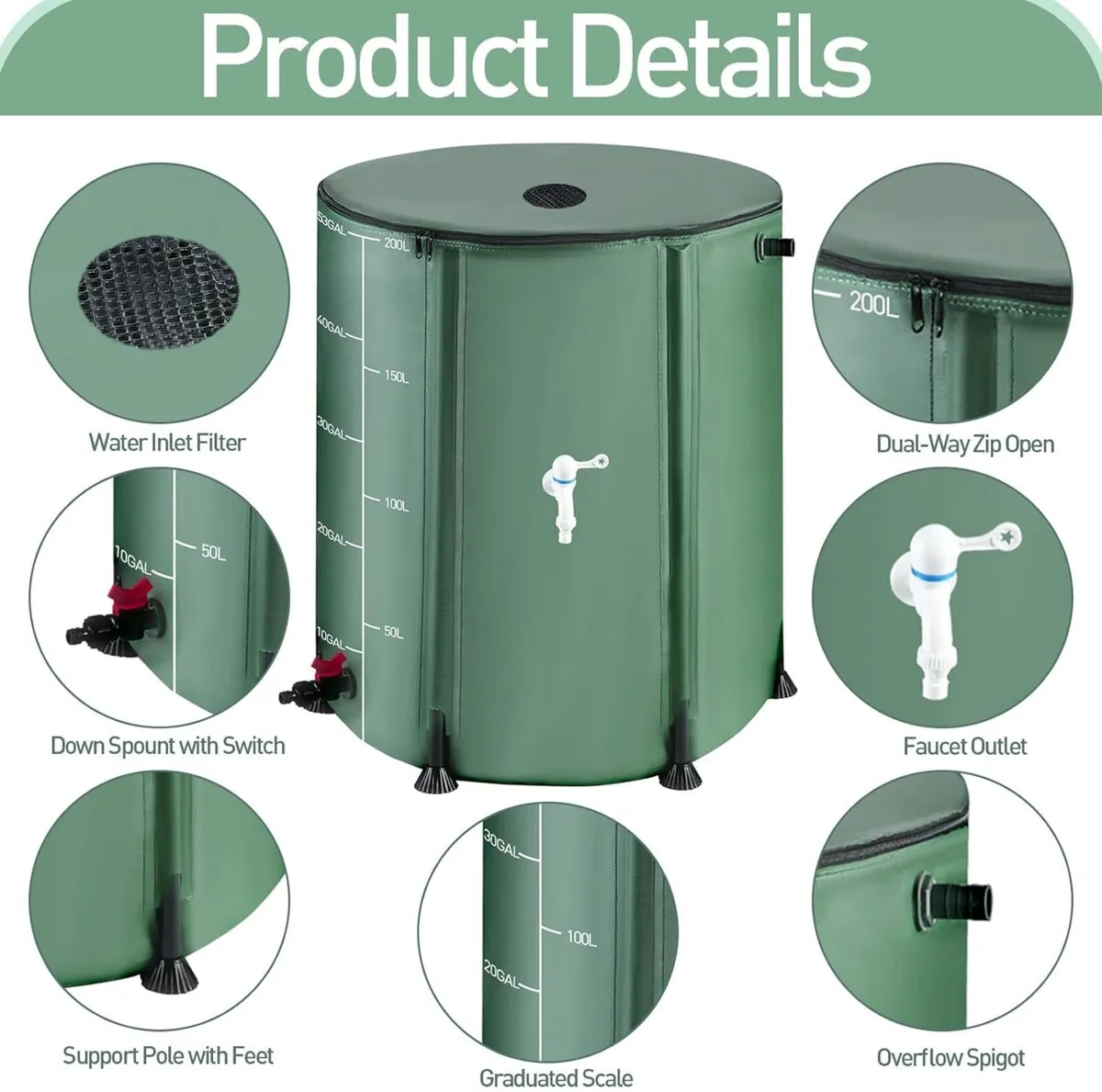 53 Gallon Collapsible Rain Barrel 1000D Oxford - Image 3