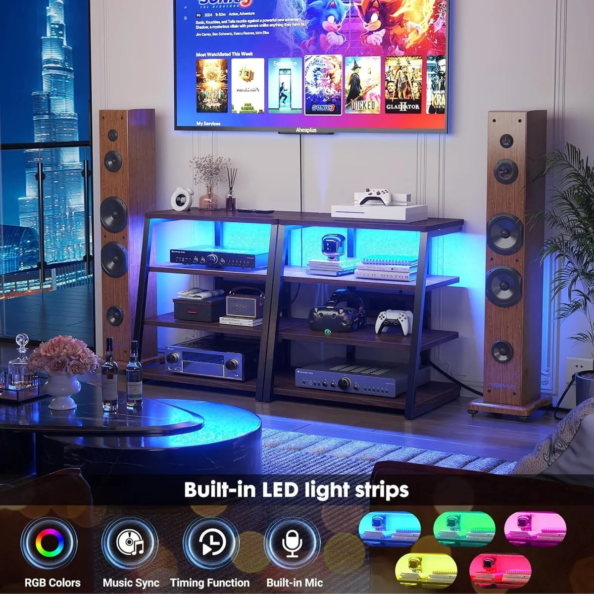 AV Media Stand with Outlets 4-Tier Console LED - Image 4