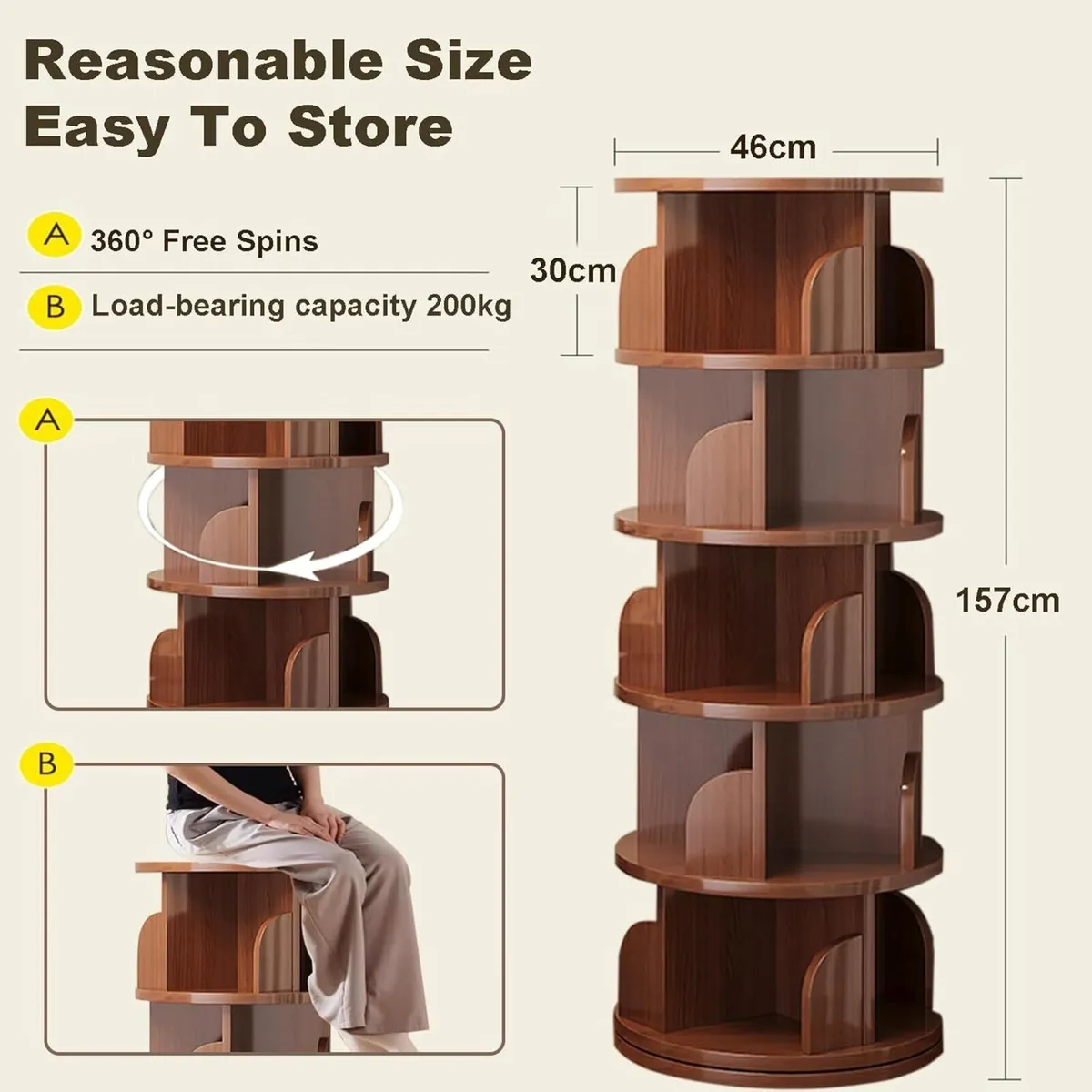 5 Tier Rotating Bookshelf 360 Revolving Bookcase - Image 3