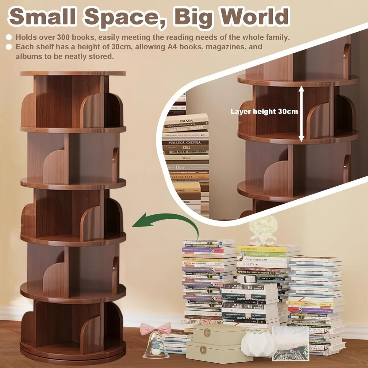 5 Tier Rotating Bookshelf 360 Revolving Bookcase - Image 4