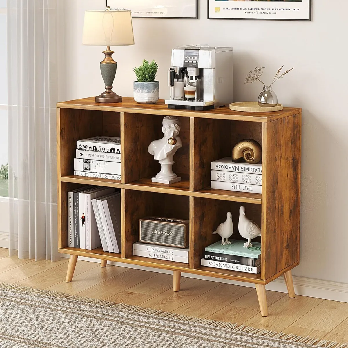 6-Cube Bookshelf 2 Tier Retro Bookcase with Legs - Image 2