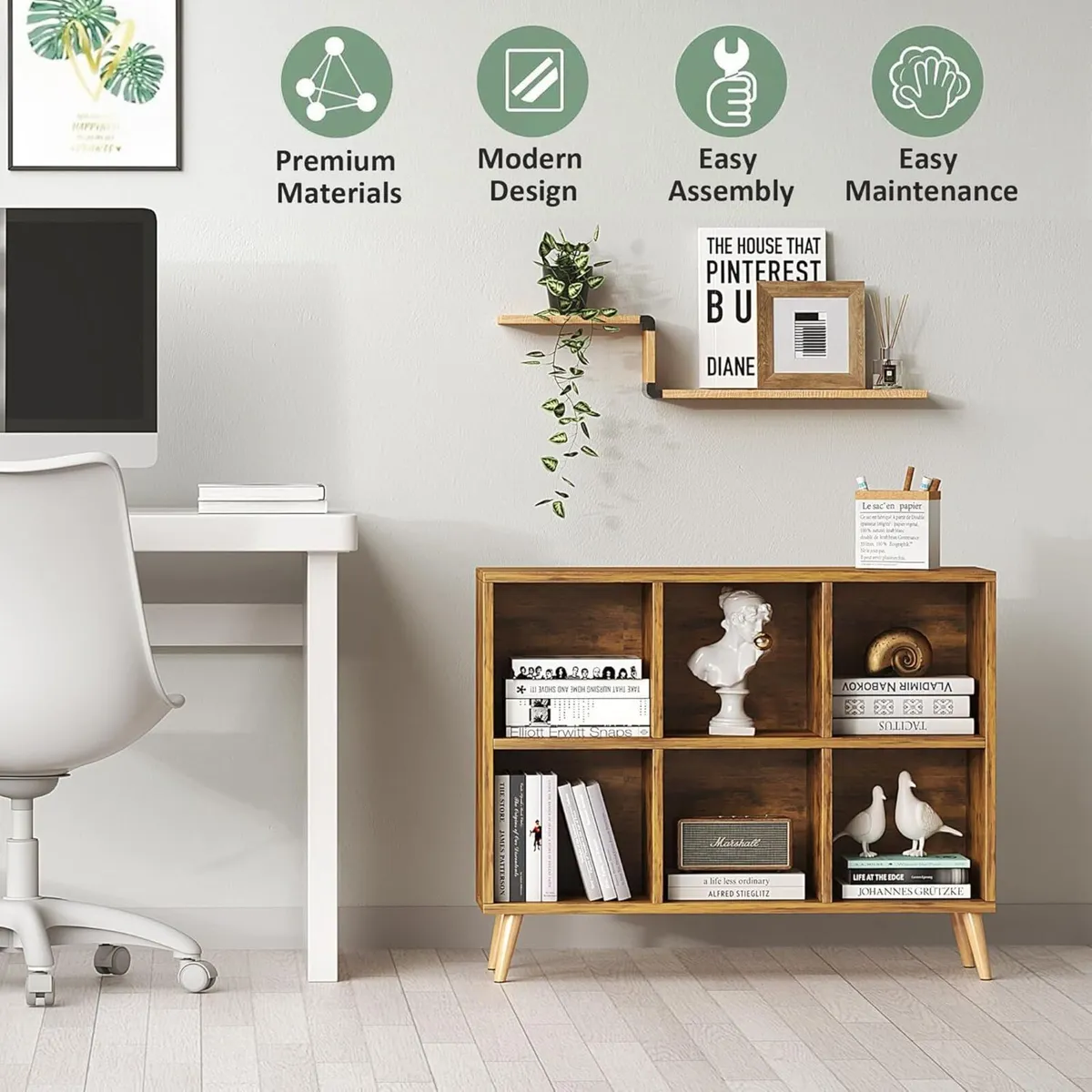 6-Cube Bookshelf 2 Tier Retro Bookcase with Legs - Image 4