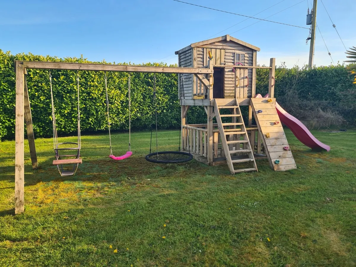 Wooden Garden Playhouse,Swing,Slide Set - Image 1