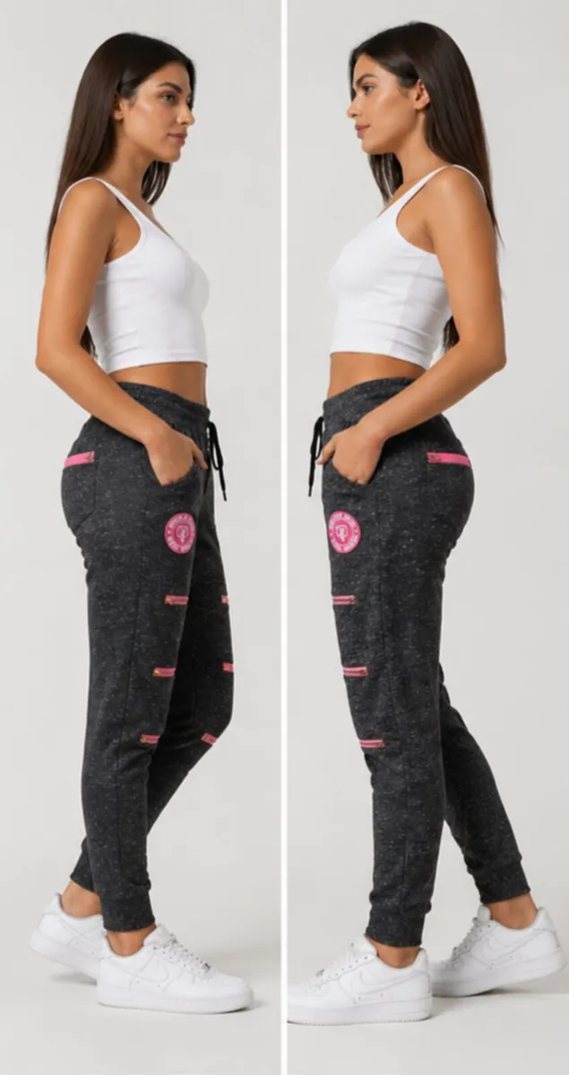 Women's Zipper Joggers – Graphite with Pink Detail - Image 3