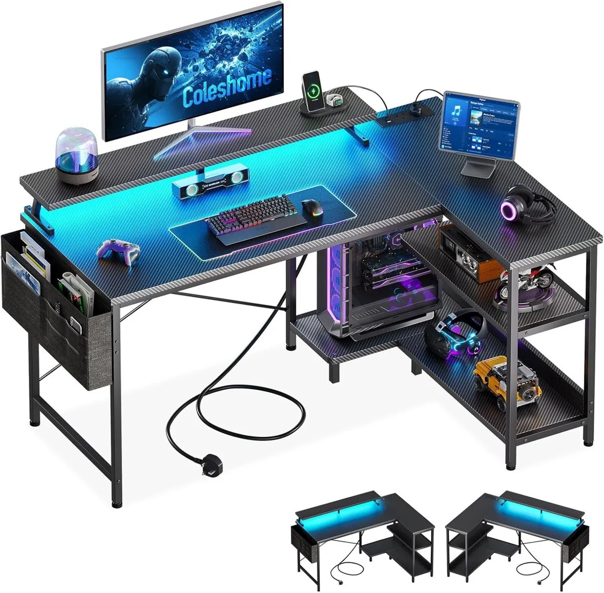 L Shaped Gaming Desk with LED Lights 120 x 80 cm - Image 1