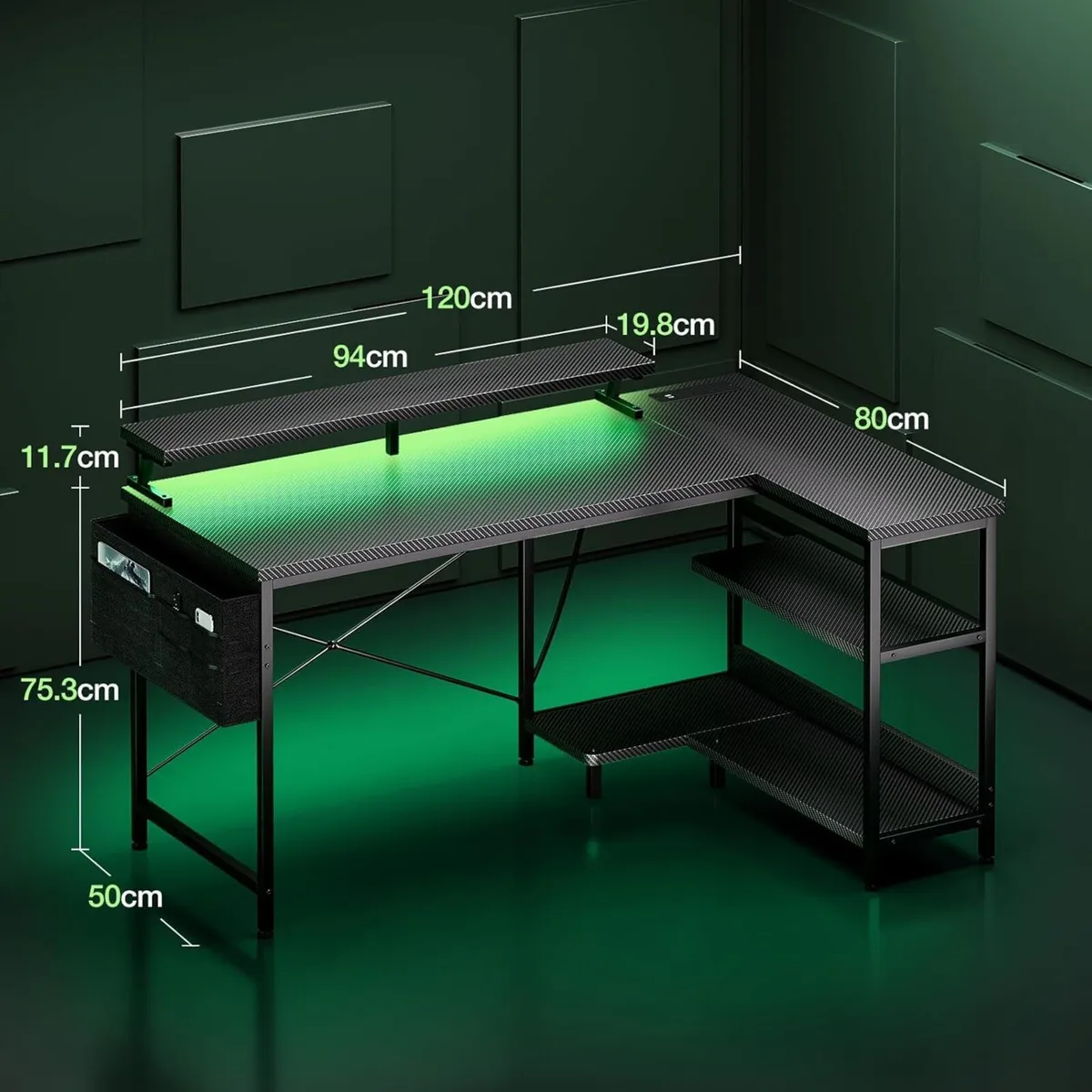 L Shaped Gaming Desk with LED Lights 120 x 80 cm - Image 3