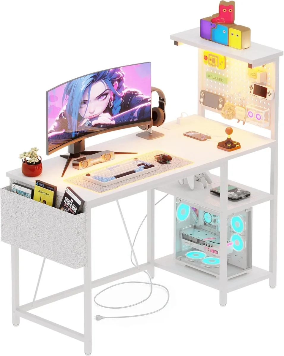 Gaming Desk with Pegboard Power Outlet LED Light - Image 1