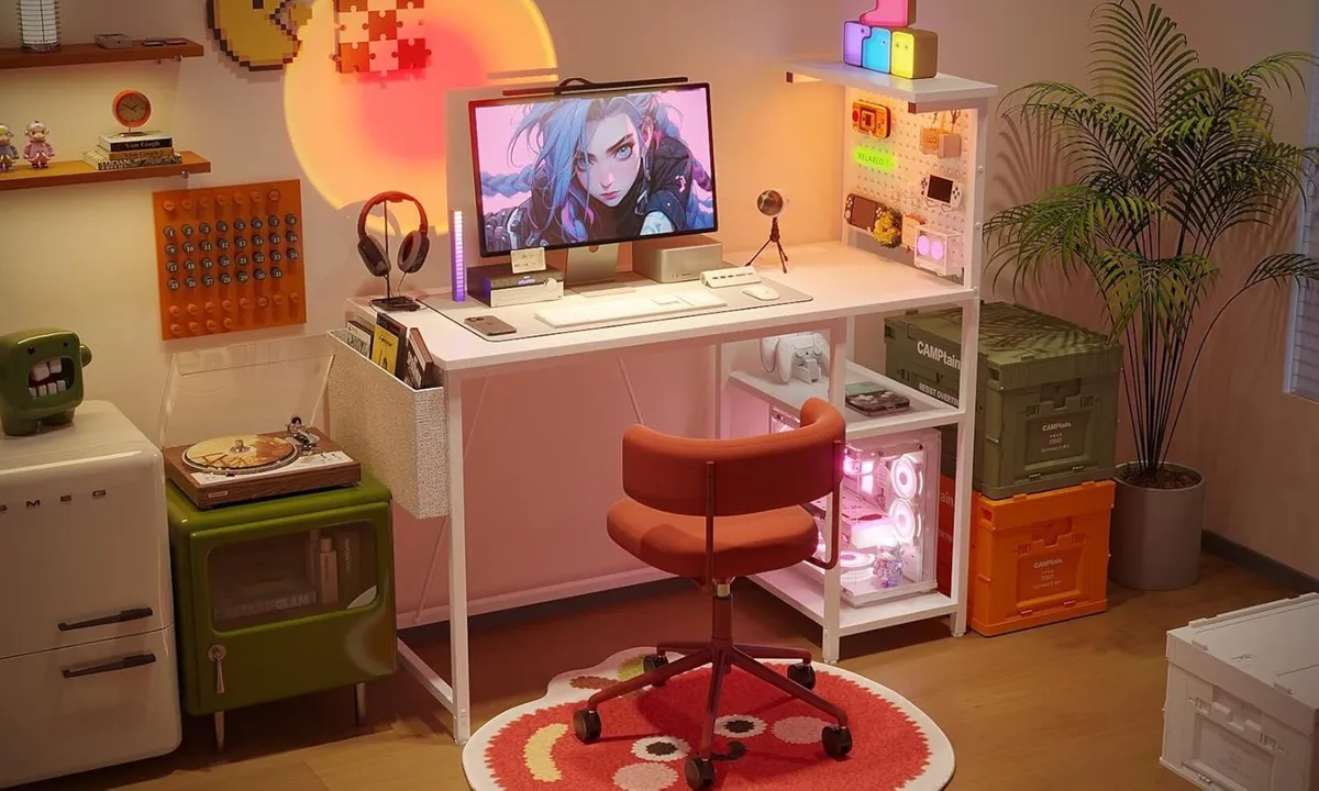 Gaming Desk with Pegboard Power Outlet LED Light - Image 2