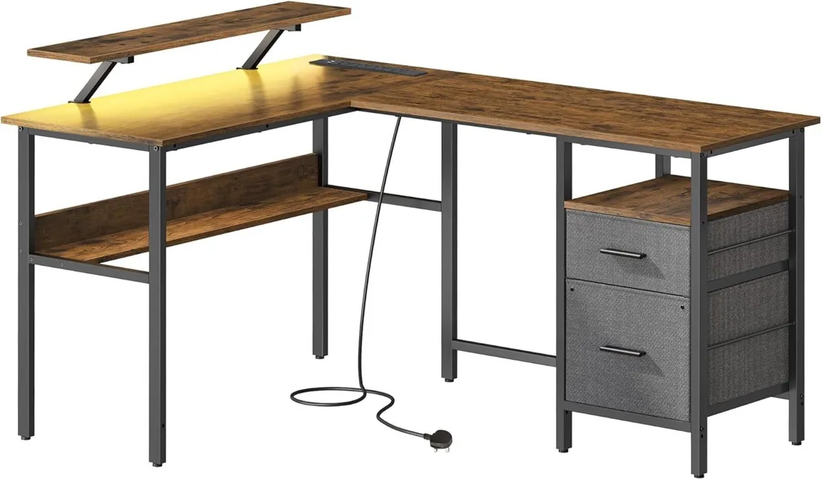 Rustic Brown L-Shaped Computer Desk with Monitor - Image 1
