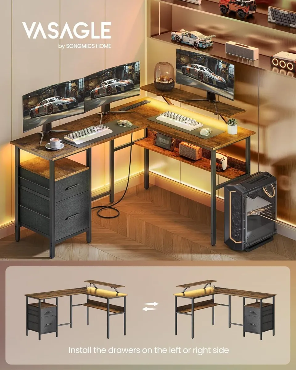 Rustic Brown L-Shaped Computer Desk with Monitor - Image 3