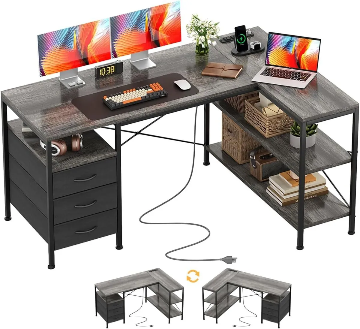 120cm Corner Desk with Drawers Reversible L - Image 1