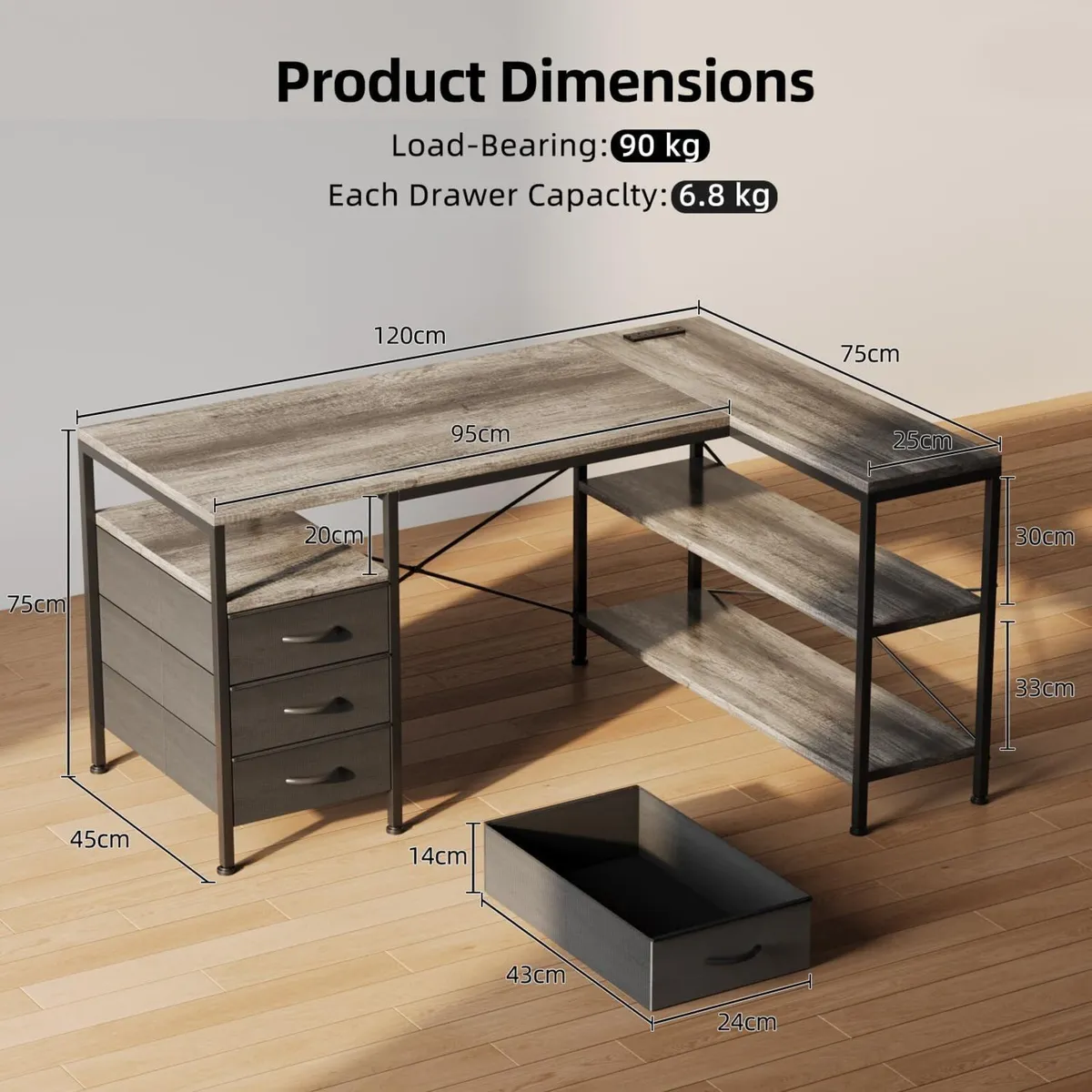 120cm Corner Desk with Drawers Reversible L - Image 3