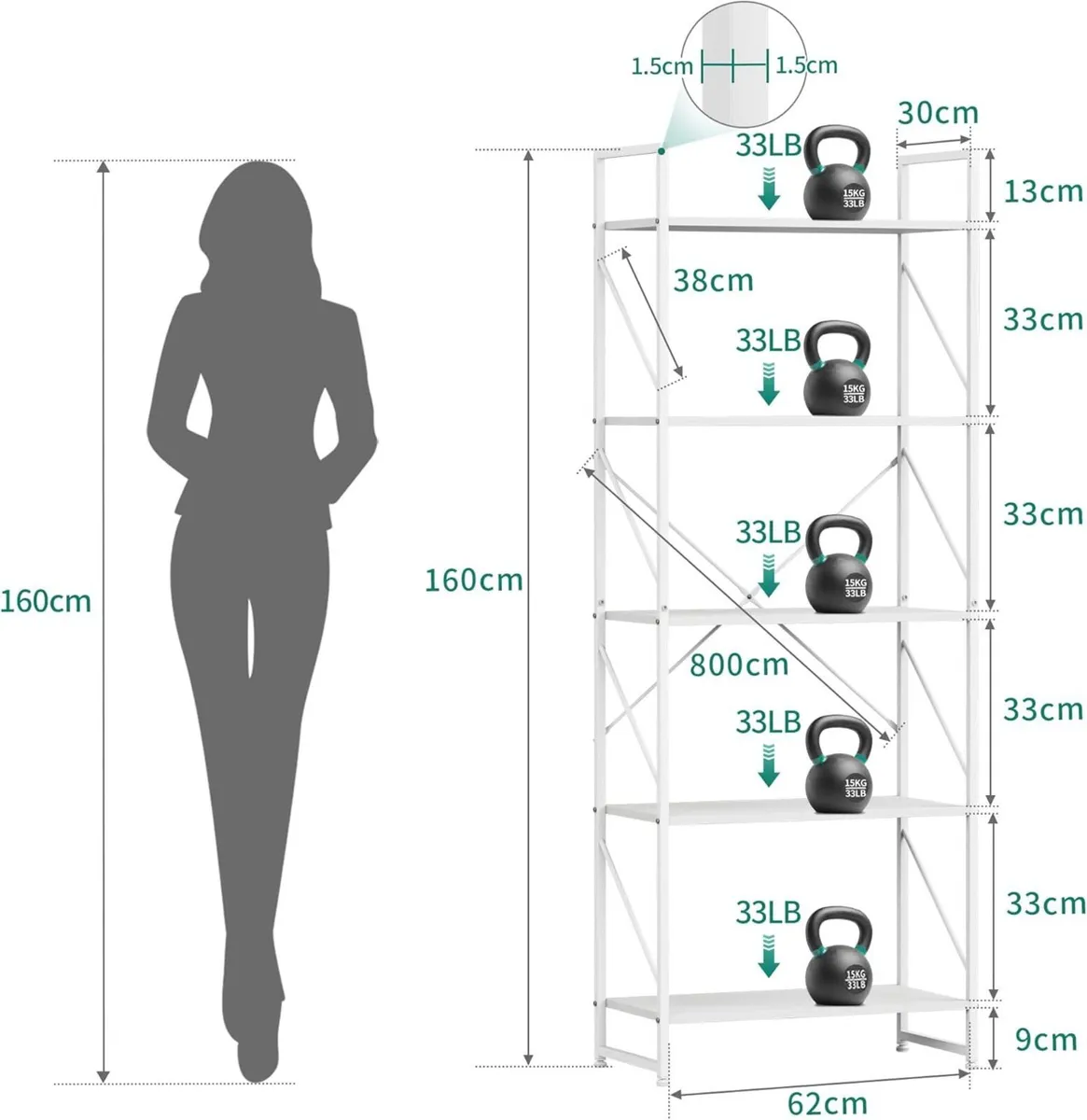 Bookshelf 5 Tiers Bookcase Tall Book shelf with - Image 2