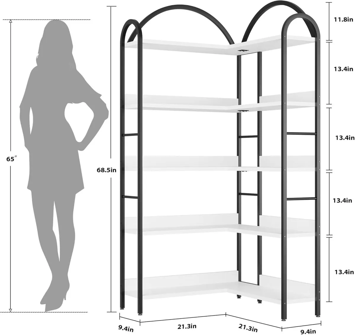 68.5 Arched Industrial Corner Bookcase - 5-Tier - Image 2
