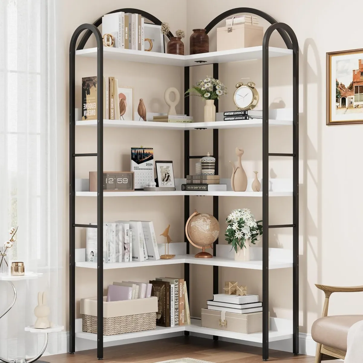 68.5 Arched Industrial Corner Bookcase - 5-Tier - Image 1