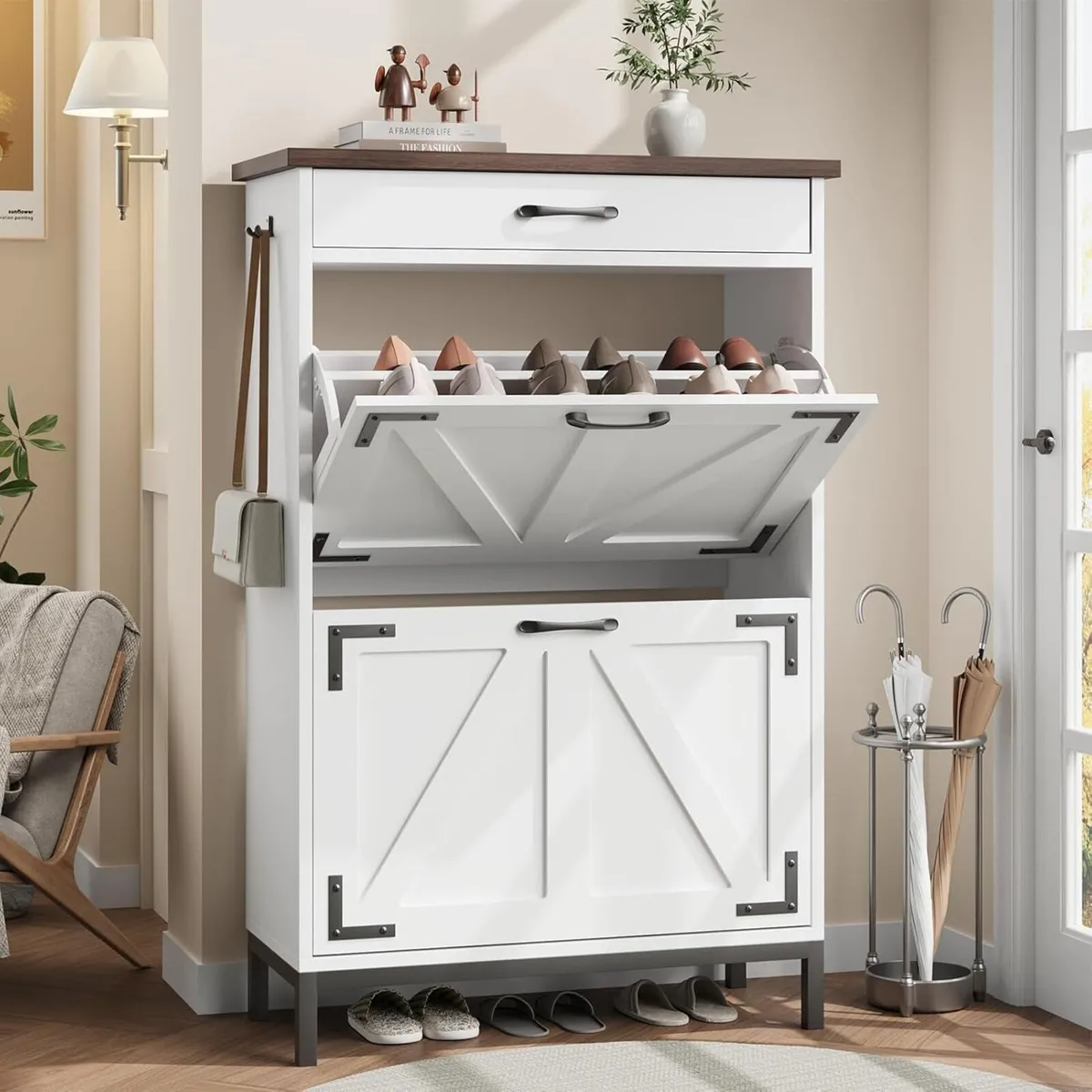 Shoe Cabinet with 2 Flip Drawers 1 Top Drawer - Image 1