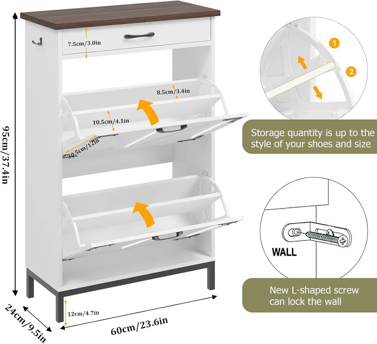 Shoe Cabinet with 2 Flip Drawers 1 Top Drawer - Image 2