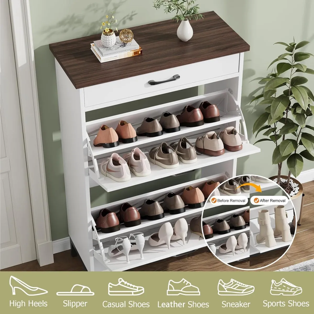 Shoe Cabinet with 2 Flip Drawers 1 Top Drawer - Image 3