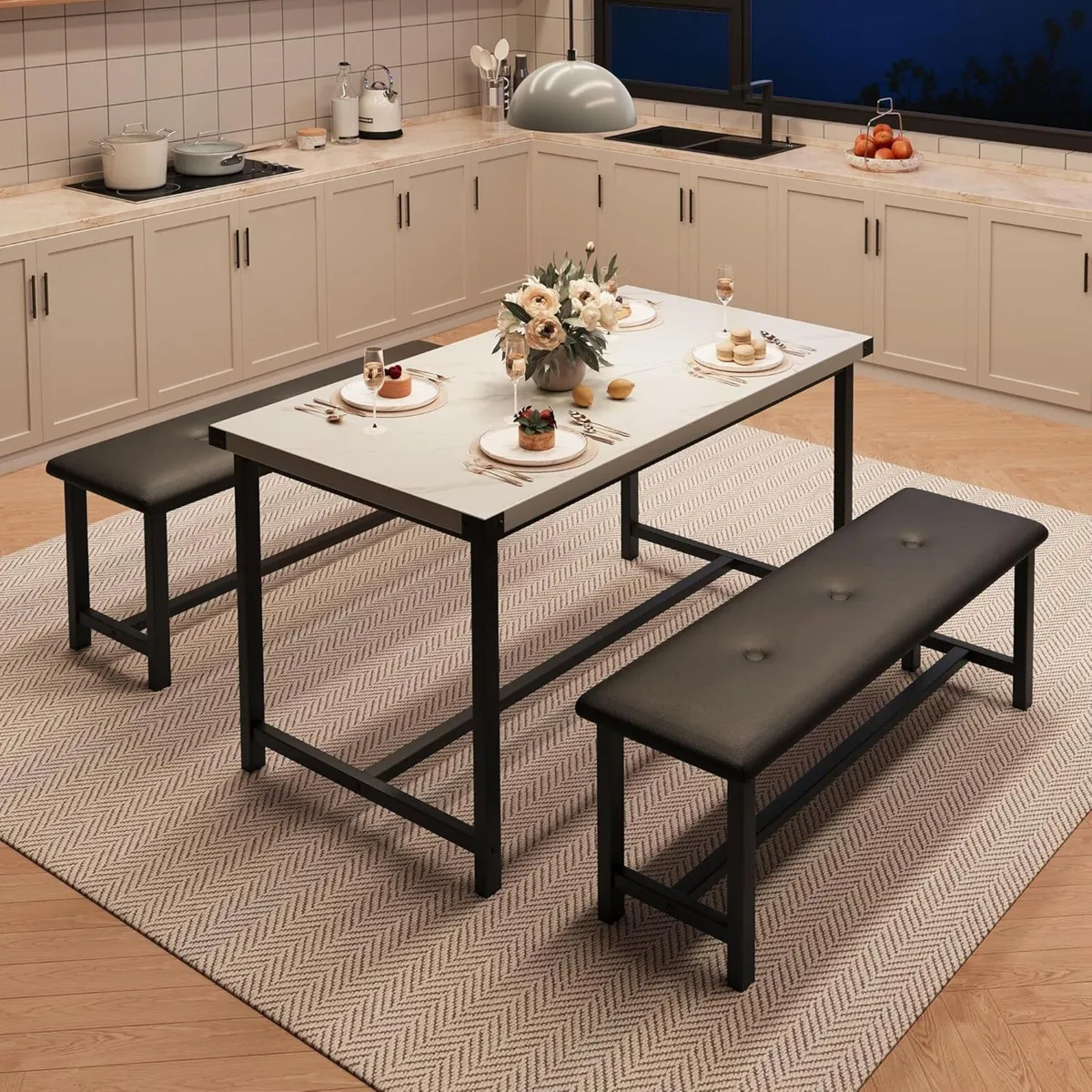 3 Piece Dining Table Set Kitchen and Benches for - Image 1