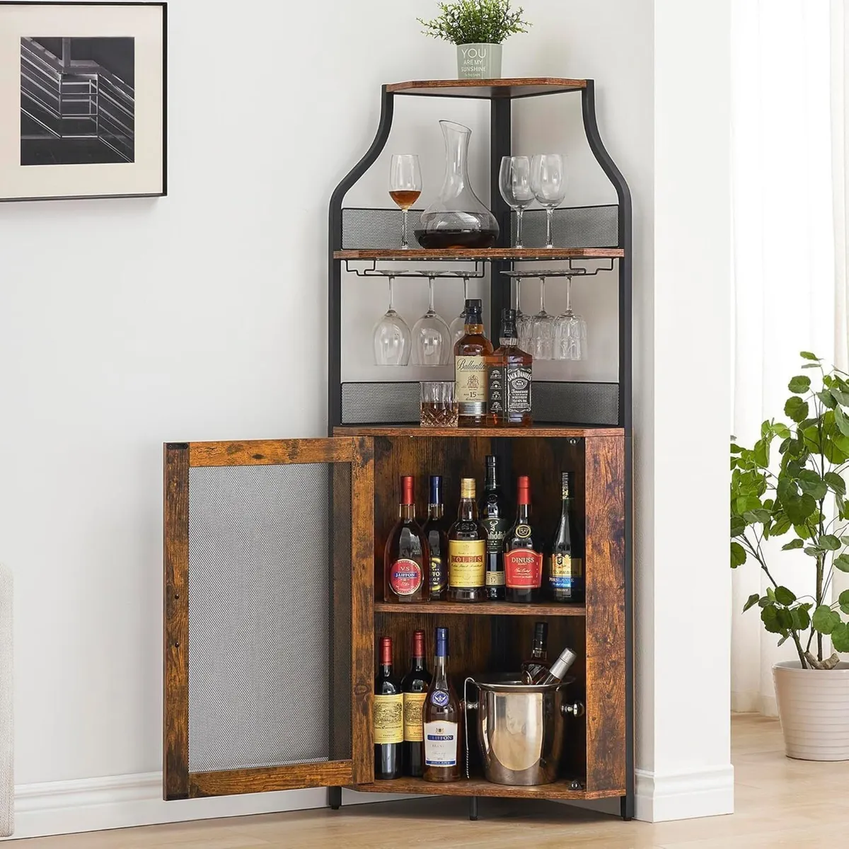 Corner Wine Rack Cabinet for Liquor with Adjustabl - Image 1