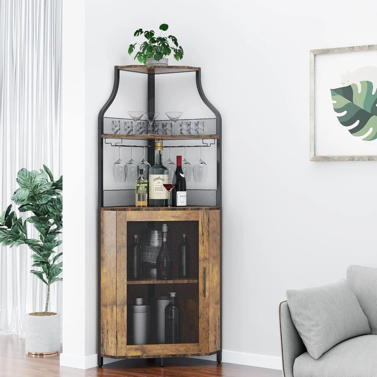 Corner Wine Rack Cabinet for Liquor with Adjustabl - Image 4