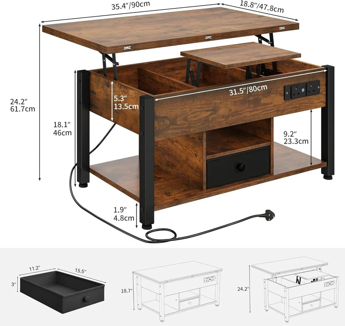 Folding Lift Top Coffee Table with Drawer 4-in-1 - Image 2