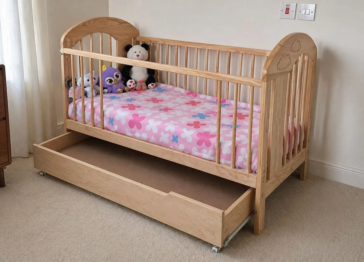 Wooden Baby Cot / Crib + Mattress & Storage Drawer - Image 1