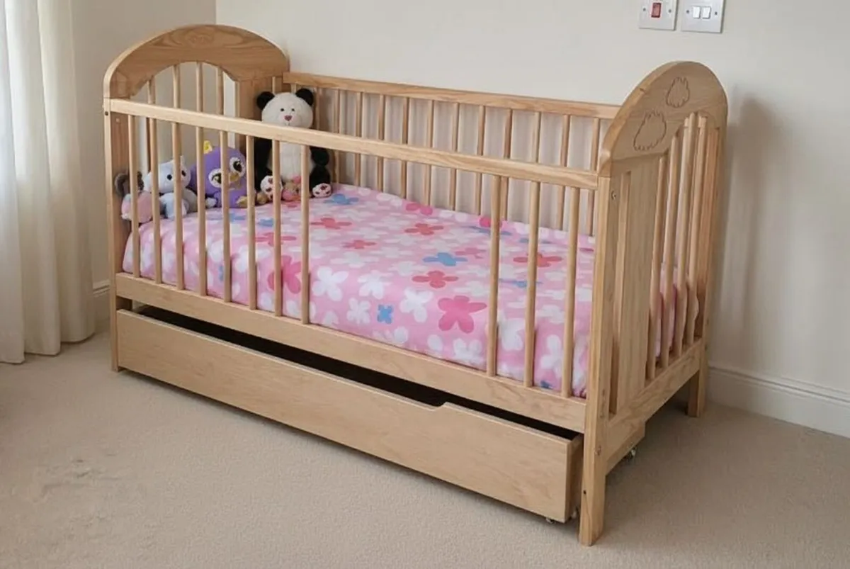 Wooden Baby Cot / Crib + Mattress & Storage Drawer - Image 2