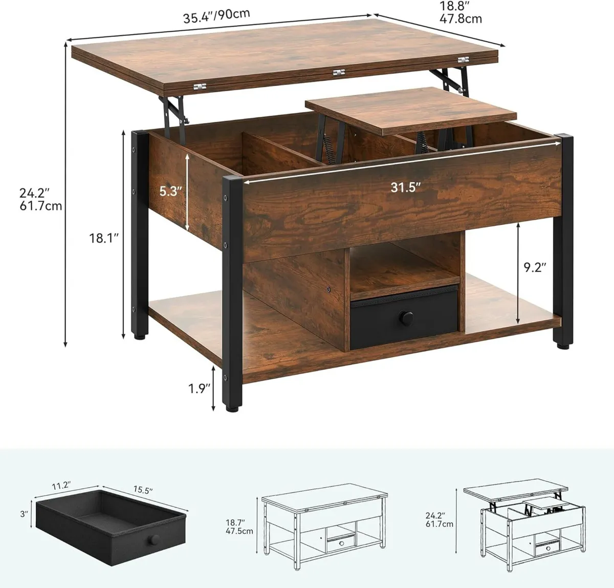 Lift Top Coffee Table with Drawers 4 in 1 - Image 2
