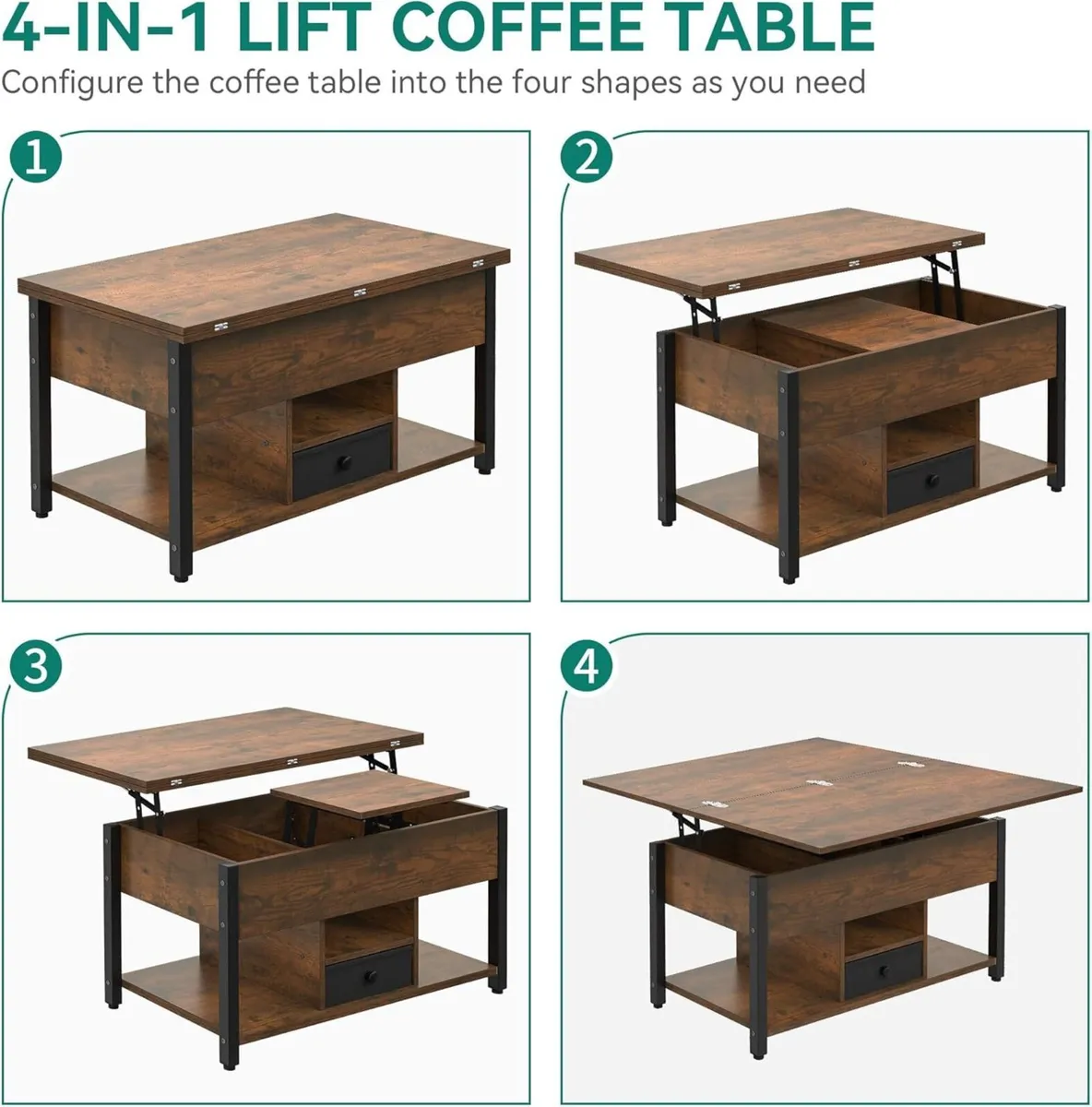 Lift Top Coffee Table with Drawers 4 in 1 - Image 3