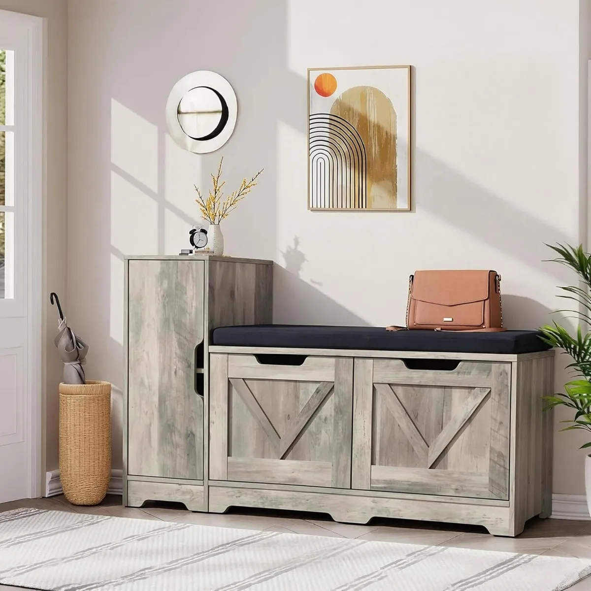 Shoe Bench Storage with Side High Cabinet and - Image 1