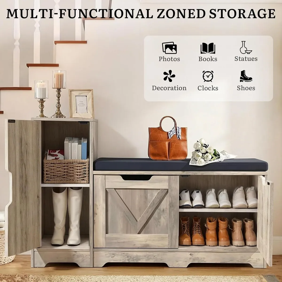 Shoe Bench Storage with Side High Cabinet and - Image 4